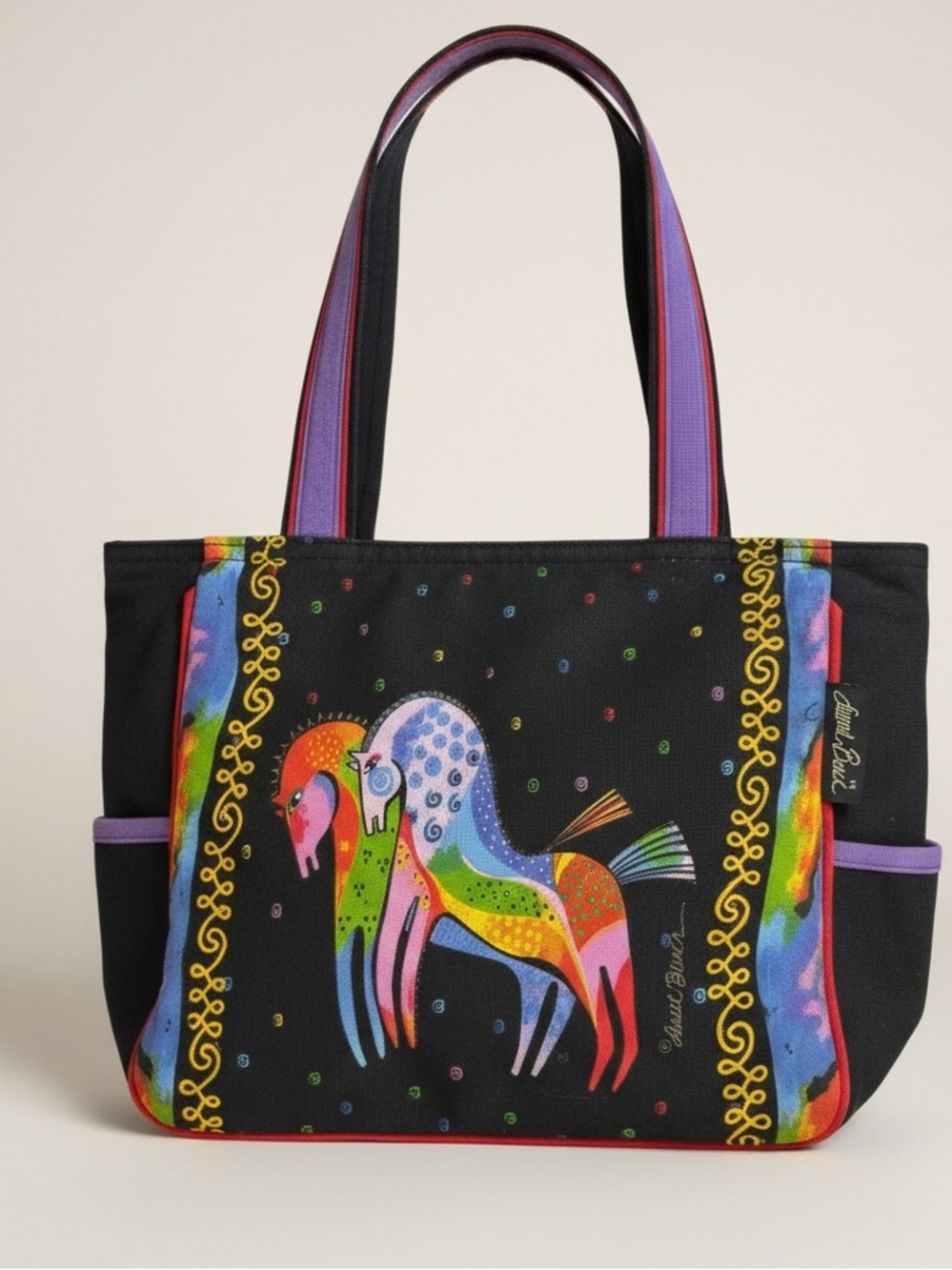 Laurel Burch Rainbow Horses Wild Stallions Black Canvas Retired Bag/Purse/Tote